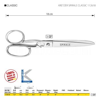 KRETZER SPIRALE CLASSIC 112618 Ножницы портновские для левши, длина 7"/18 см, никелированные. Производство Германия KRETZER SOLINGEN