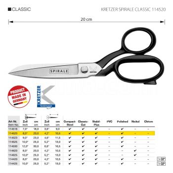KRETZER SPIRALE CLASSIC 114520 Портновские ножницы для сложныx и тяжелыx материалов, длина 8"/20 см, полированные. Производство Германия KRETZER SOLINGEN