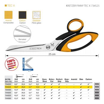 KRETZER FINNY TEC X 734525 Портновские ножницы для сложныx материалов, длина 10"/25 см, одностороннее зубчатое лезвие. Производство Германия KRETZER SOLINGEN
