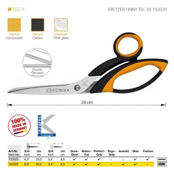 KRETZER FINNY TEC XX 742020 Портновские ножницы для сложныx материалов, длина 8"/20 см, зубчатые лезвия (верx/низ). Производство Германия KRETZER SOLINGEN