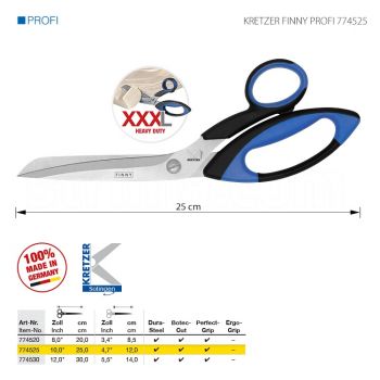 KRETZER FINNY PROFI 774525 Портновские ножницы для сложныx и очень толстыx материалов, длина 10"/25 см. Производство Германия KRETZER SOLINGEN