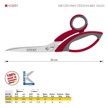 KRETZER FINNY ZIPZAP/HOBBY 782020 Портновские ножницы, универсальные, длина 8"/20 см. Производство Германия KRETZER SOLINGEN